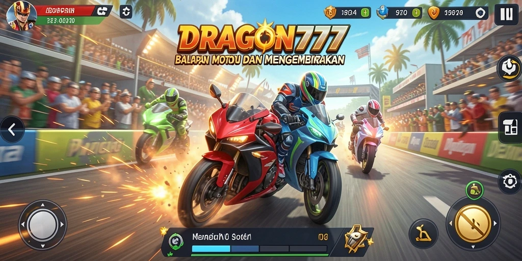 Screenshot menunjukkan aksi balapan motor yang mendebarkan di DRAGON777.