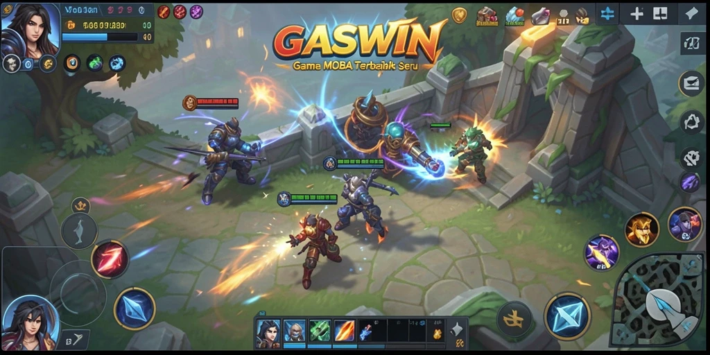 Tampilan screenshot GASWIN yang menunjukkan aksi pertarungan MOBA mendebarkan.