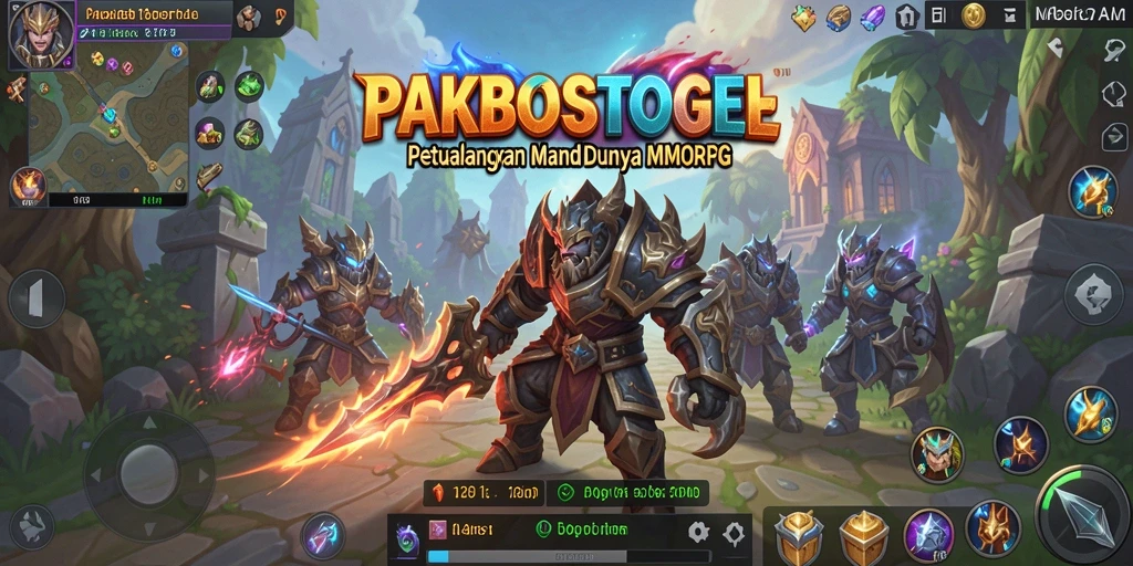 Screenshot utama PAKBOSTOGEL menampilkan pertempuran mendebarkan antara pahlawan dan monster.