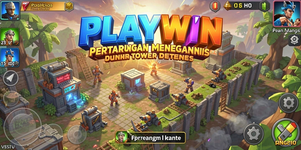 Screenshot utama PLAYWIN menampilkan aksi seru tower defense melawan gelombang musuh.