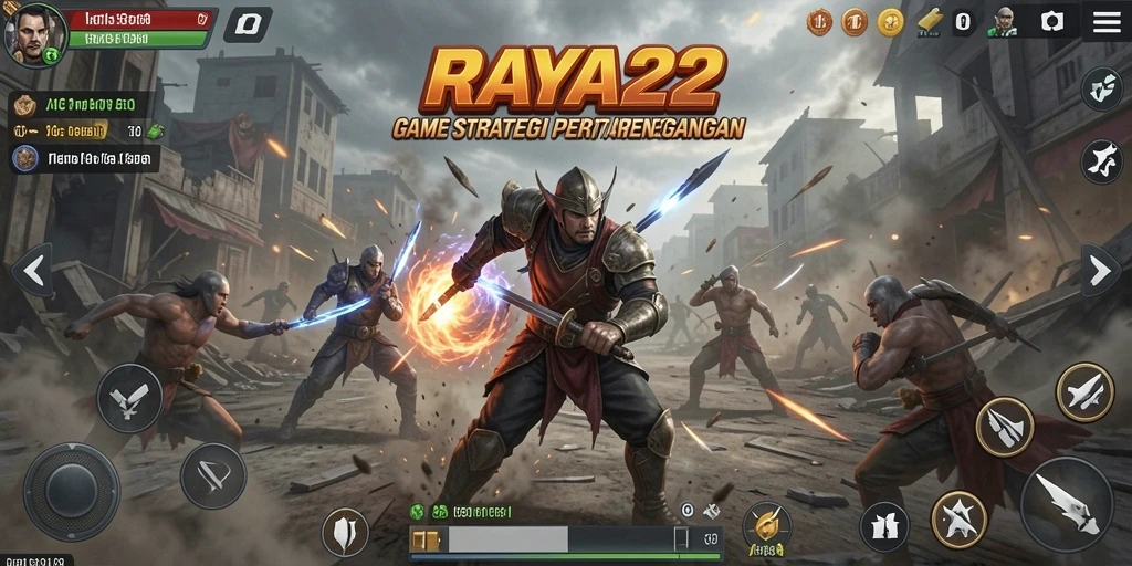 Tampilan gameplay menyenangkan dari RAYA22 yang menggambarkan strategi dan pertempuran.