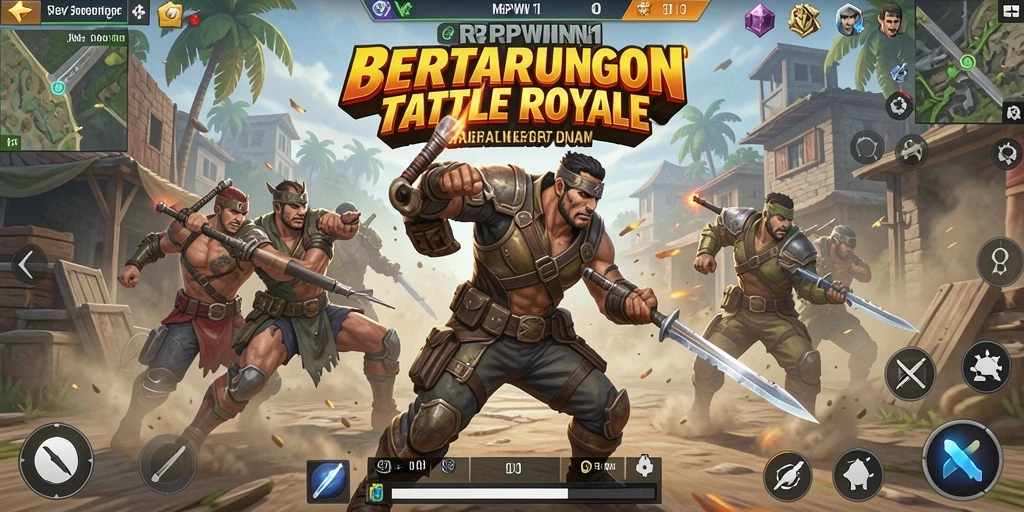Screenshot utama RPWIN1 menampilkan aksi intens dalam pertempuran Battle Royale.