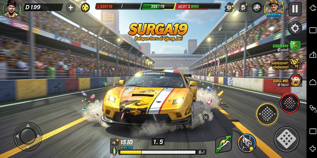 Screenshot SURGA19 menampilkan aksi balapan yang mendebarkan